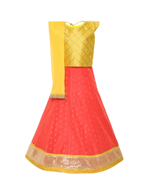 

Aarika Girls Yellow & Orange Embroidered Ready to Wear Pattu Pavadai with Dupatta