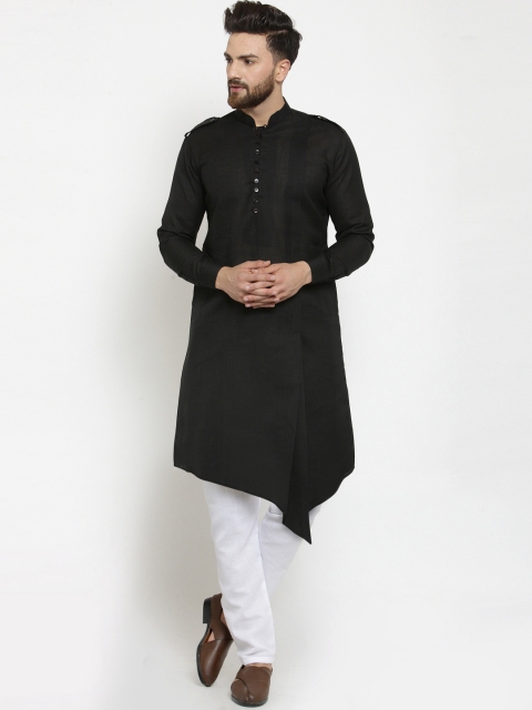 

TREEMODA Men Black & White Solid Kurta with Linen Aligarh Pajamas