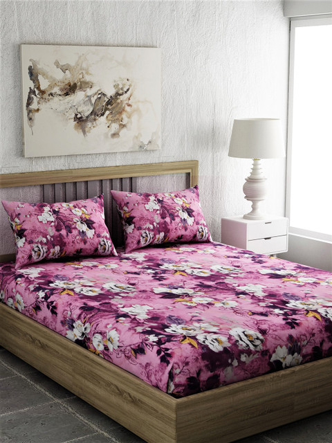 

EverHOME Pink & White Floral 210 TC Cotton 1 Queen Bedsheet with 2 Pillow Covers