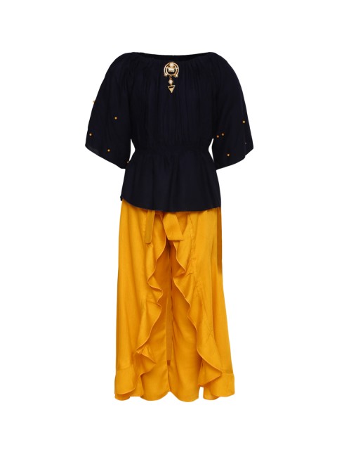 

Aarika Girls Navy Blue & Yellow Solid Top & Skirt With Attached Trousers
