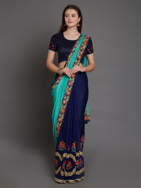 

Mitera Turquoise Blue & Navy Blue Pure Georgette Embroidered Saree