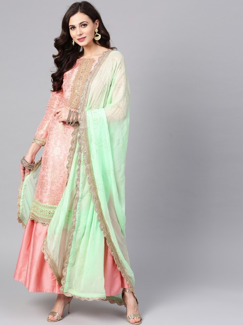 

Saree mall Peach-Coloured & Green Silk Blend Unstitched Dress Material