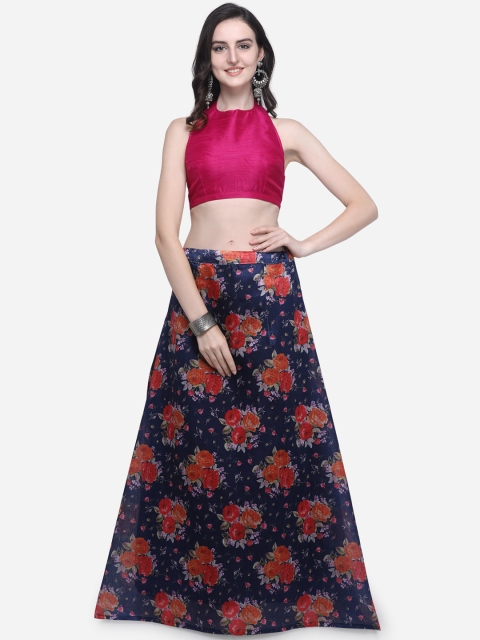 

Satrani Women Navy Blue & Burgundy Floral Print Silk Lehenga with Unstiched Choli