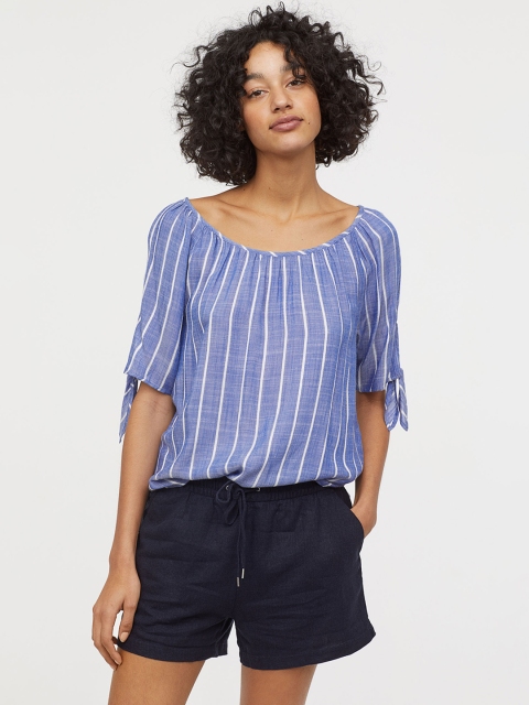 

H&M Women Navy Blue Solid Linen-blend Shorts