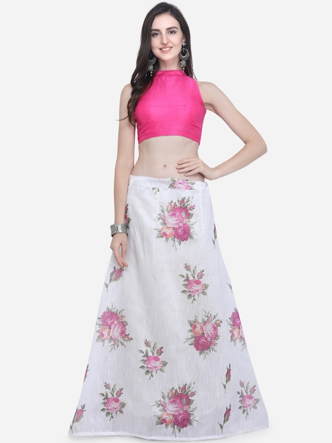 

Satrani Women Off-White and Pink Floral Print Silk Lehenga with Unstiched Choli