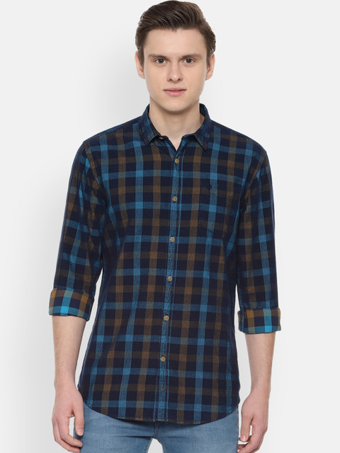 

Solly Jeans Co. Men Navy Blue & Brown Slim Fit Checked Casual Shirt