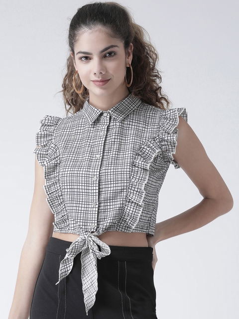 

Texco Women Black & Grey Checked Shirt Style Crop Top