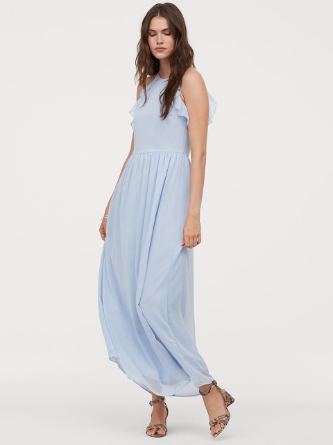 

H&M Women Blue Solid Gathered Frilled Maxi Dress