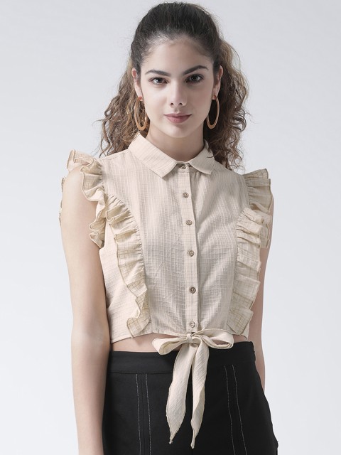 

Texco Women Cream-Coloured Self Design Pure Cotton Shirt Style Crop Pure Cotton Top