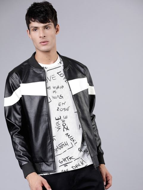 Men Black & White Colourblocked Bomber Jacket