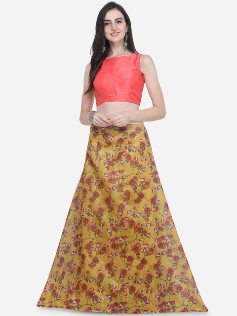 

Satrani Women Mustard Yellow & Coral Red Floral Print Silk Lehenga with Unstiched Choli