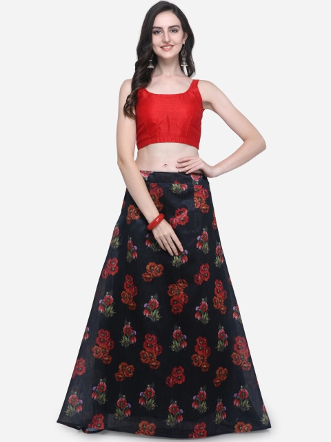 

Satrani Women Black & Red Floral Print Bhaghalpuri Silk Lehenga with Unstiched Choli