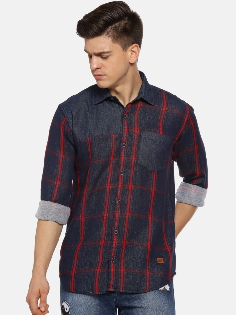 Campus Sutra Men Blue & Red Regular Fit Checked Casual Shirt