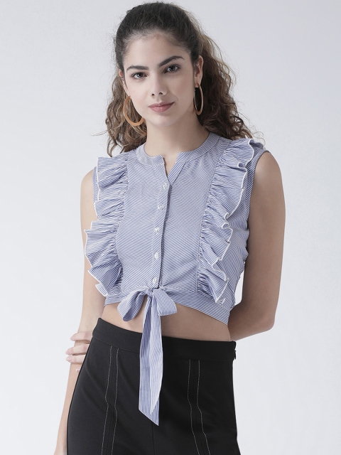 

Texco Women Blue & White Striped Shirt Style Crop Top