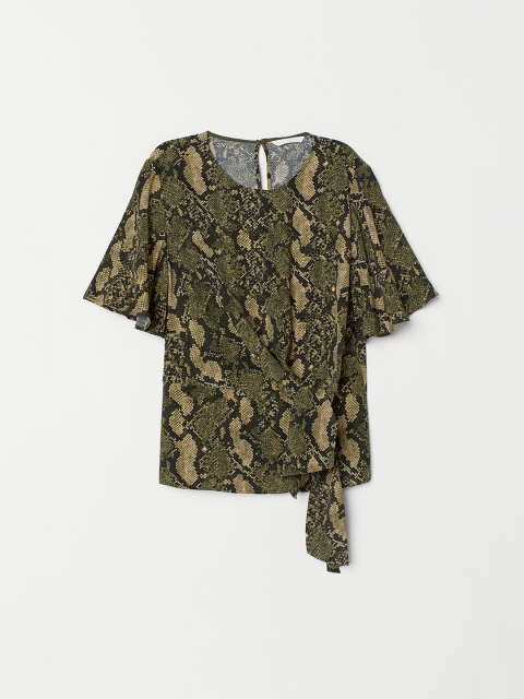 

H&M Women Green Printed Tie-Detail Blouse