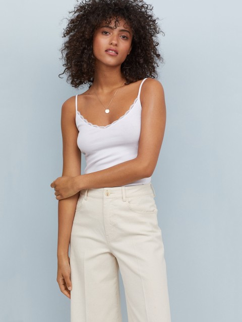 

H&M Women White Solid Lace-Trimmed Strappy Top