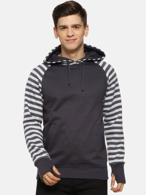 Campus Sutra Men Charcoal Grey & White Solid Hooded Sweatshirt
