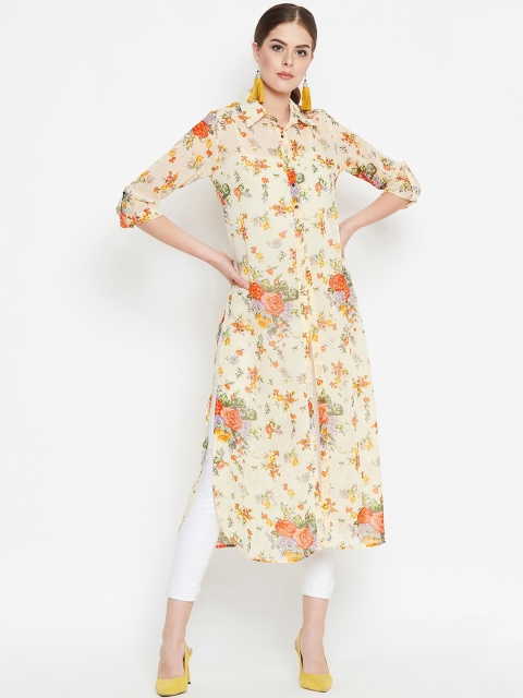 

PURYS Women Yellow Floral Print Shirt Style Longline Top