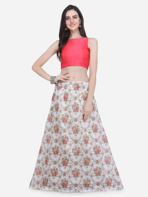 

Satrani Women Off-White & Coral Red Floral Print Silk Lehenga with Unstiched Choli