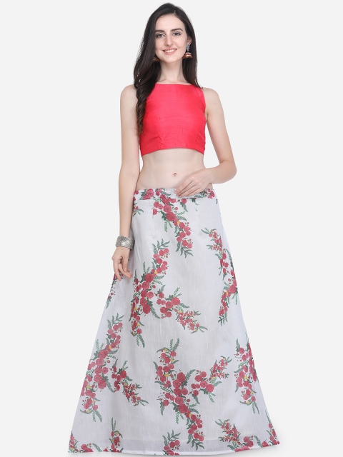 

Satrani White & Coral Red Floral Print Bhaghalpuri Silk Lehenga with Unstiched Choli