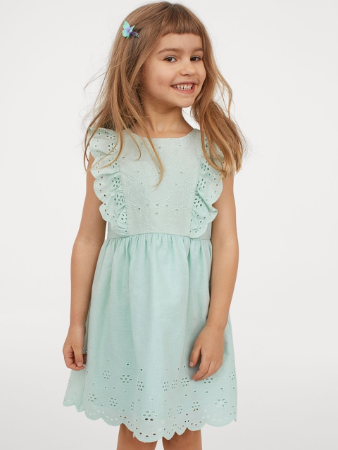 

H&M Girls Green Self-Design Dress With Broderie Anglaise