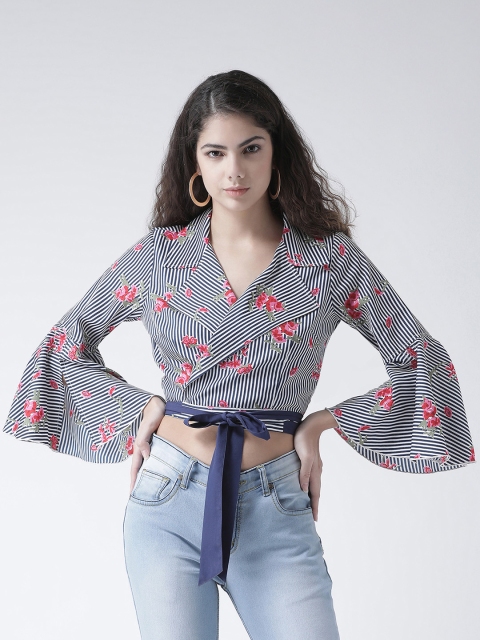 

Texco Women Navy Blue & Pink Striped Crop Wrap Top with Printed Detail