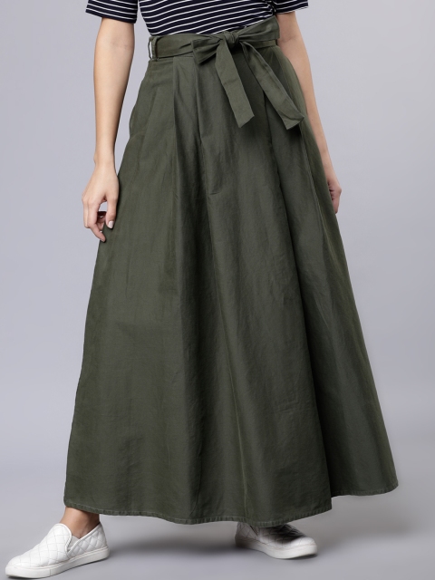 

Tokyo Talkies Olive-Green Solid A-Line Skirt