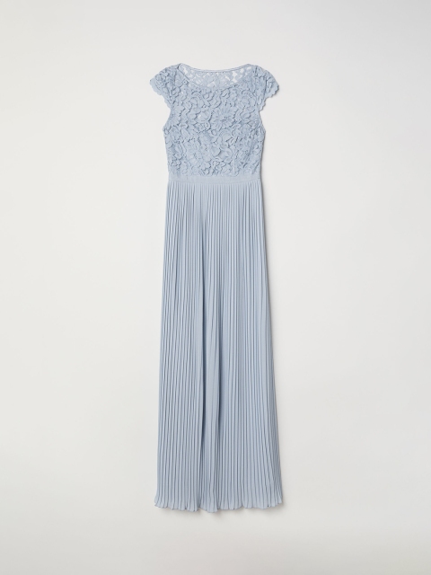 

H&M Women Blue Self-Design Pleated Long Dress