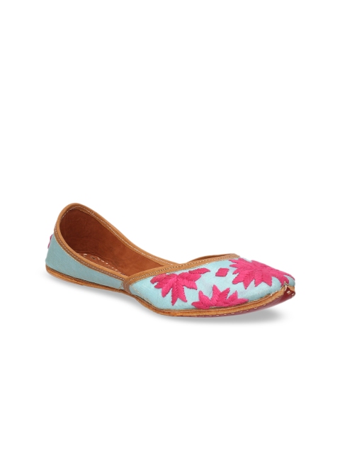

MSC Women Turquoise Blue & Pink Embroidered Leather Juttis