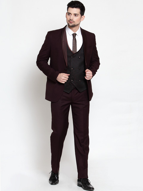 

LUXURAZI Men Maroon & Black Solid Slim-Fit Tuxedo Formal Suit