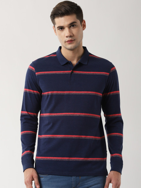 

Peter England Casuals Men Navy Blue & Red Striped Polo Collar T-shirt