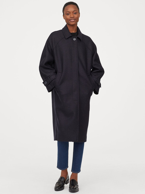 

H&M Women Blue Solid Wool Coat