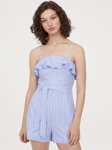 

H&M Women Blue Striped Linen-Blend Playsuit