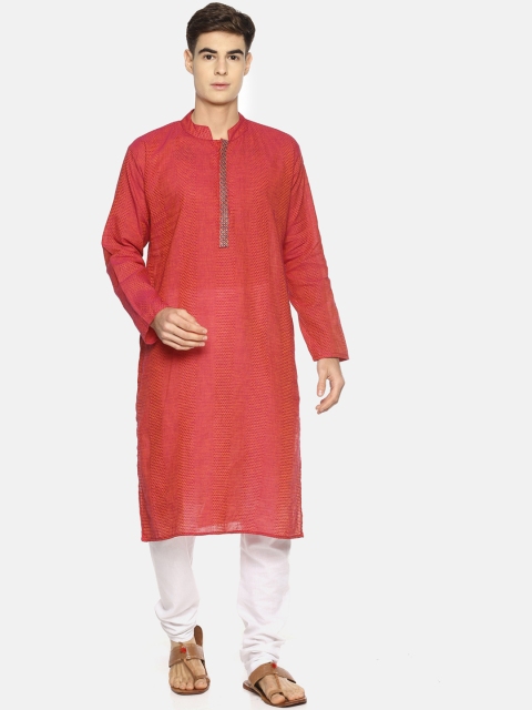 

PAROKSH Men Maroon Woven Design Nagari Cotton Straight Kurta
