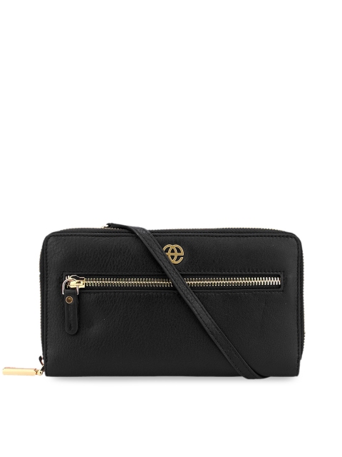 Women Black Solid Leather Zip Around Wallet