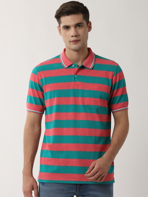 

Peter England Casuals Men Teal Blue & Coral Red Striped Polo Collar T-shirt