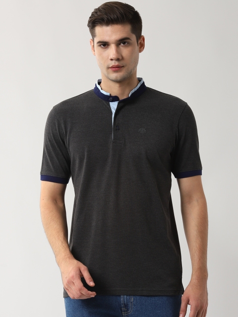 

Peter England Casuals Men Charcoal Grey Solid Mandarin Collar T-shirt