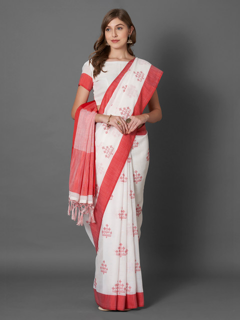 

Mitera White & Red Linen Blend Printed Kasavu Saree