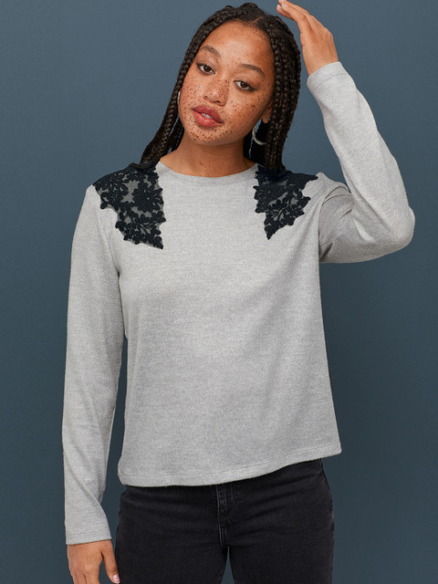 

H&M Women Grey Solid Jumper With Lace Decorations