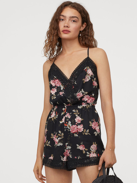 

H&M Black & Pink Printed Playsuit with Lace