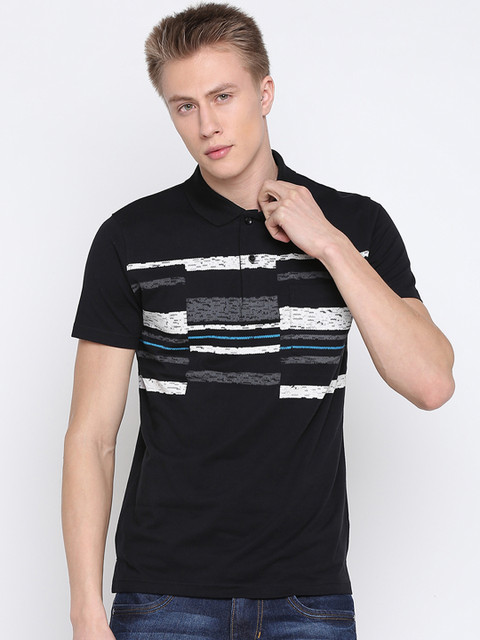 

BULLMER Men Black Striped Polo Collar T-shirt