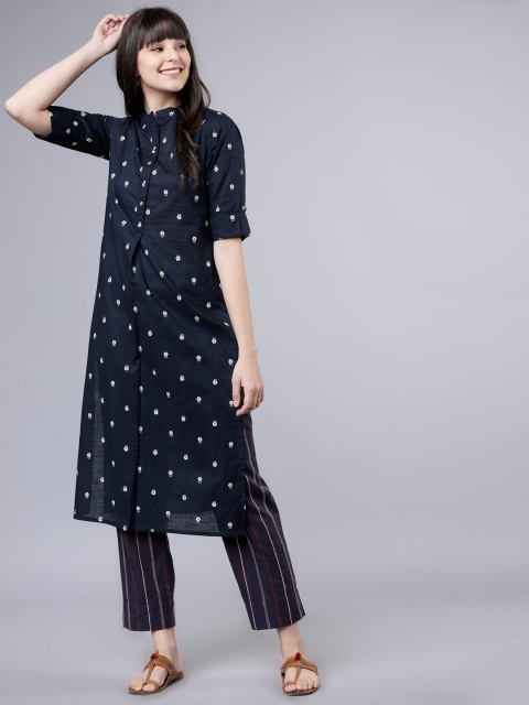 Women Navy Blue & White Printed Straight Kurta