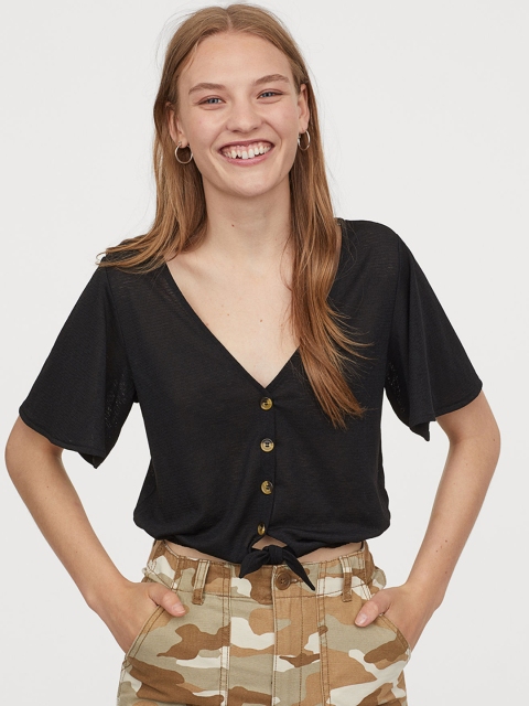 

H&M Women Black Solid Short Tie-Detail Top