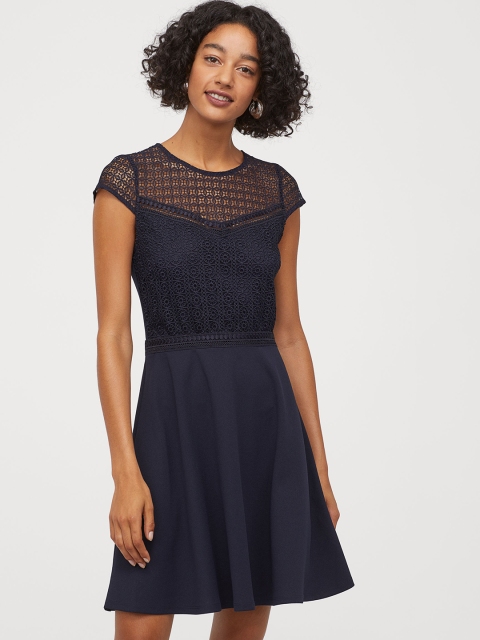 

H&M Navy Blue Lace Cap-Sleeved Dress