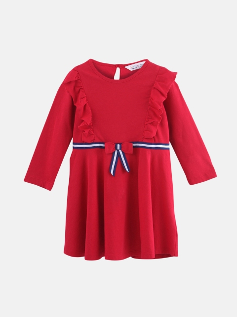 

Beebay Girls Red Solid T-shirt Dress with Ruffle Detail
