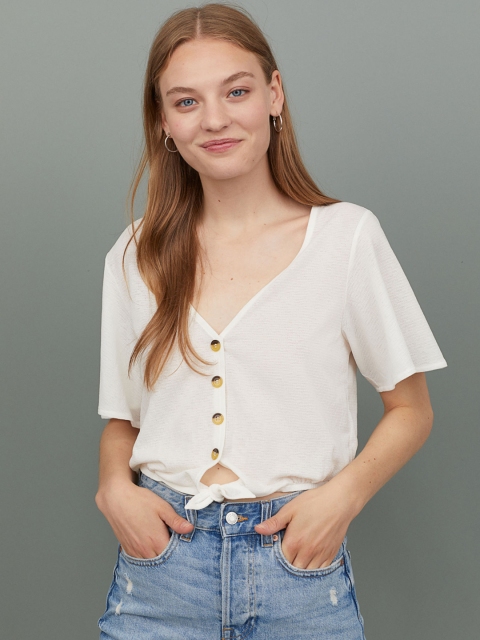 

H&M Women White Solid Short Tie-Detail Top