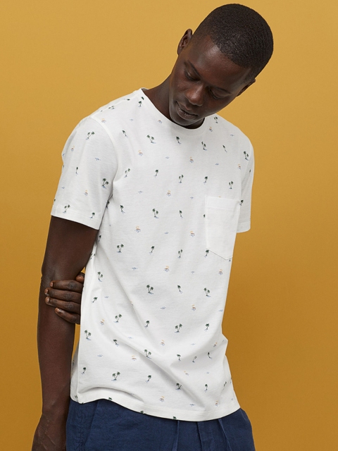 

H&M Men White Patterned Cotton T-shirt