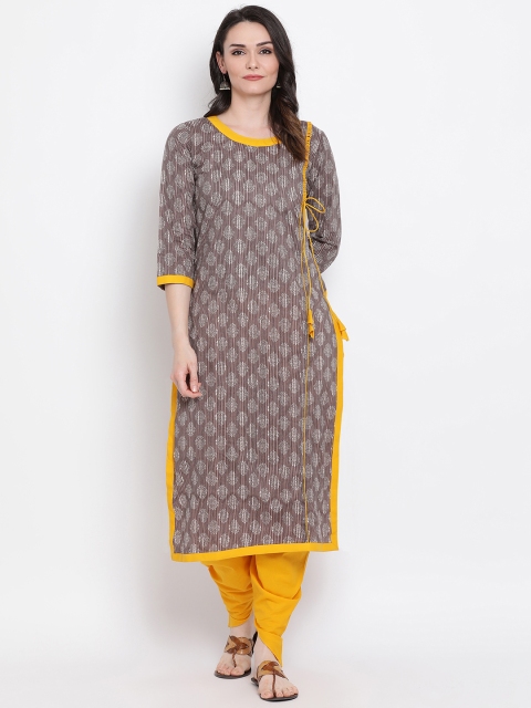 

FABNEST Women Grey & Yellow Printed Straight Kurta
