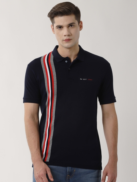 

Peter England Casuals Men Navy Blue Striped Slim Fit Polo Collar T-shirt