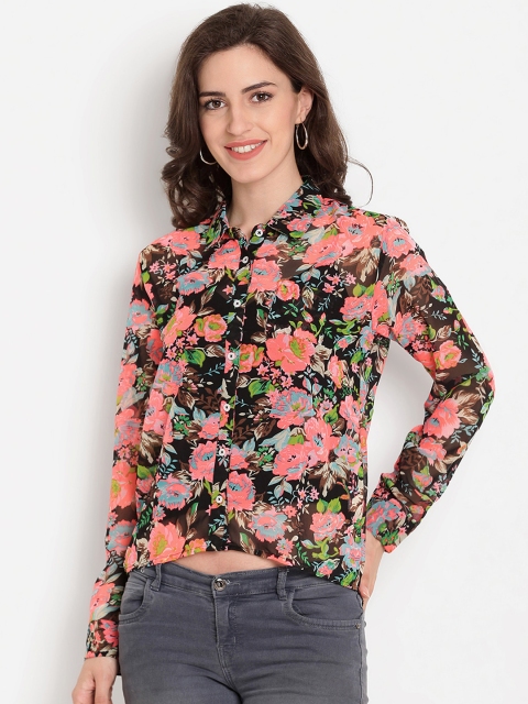 

TAG 7 Women Black & Orange Regular Fit Printed Casual Shirt